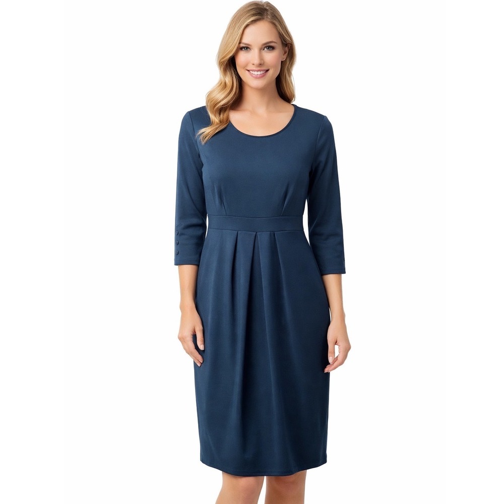 La‎ Clef Dress M Blue Pleated Knee Length 3/4 Sleeve Classic Versatile Modest